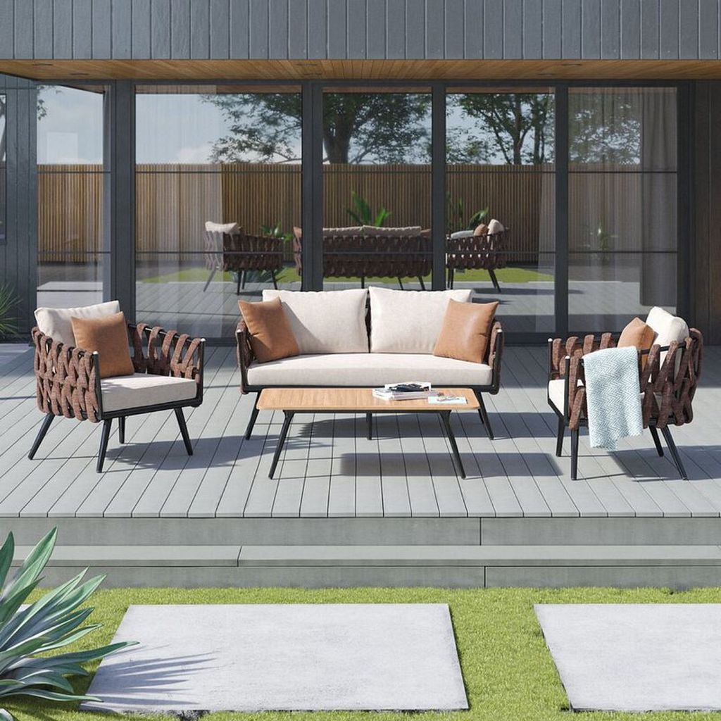 Crown 4-Piece Metal Patio Conversation Set With Brown And White Cushions