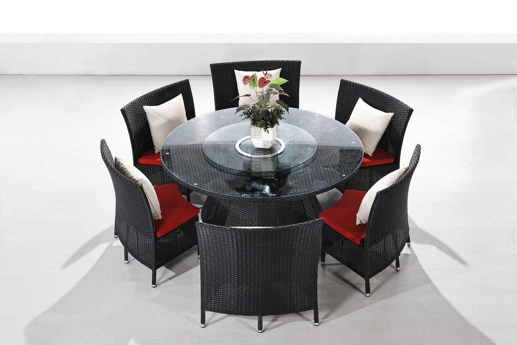 Preview image for Nightingdale Black 7-Piece Rattan Outdoor Dining Set With Red And White Cushions