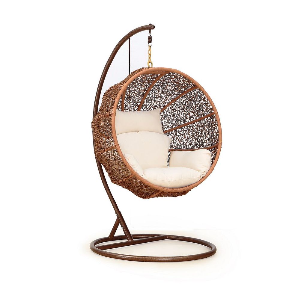 Preview image for Metal And Rattan Hanging Lounge Egg Patio Swing with Stand, Cream Cushion