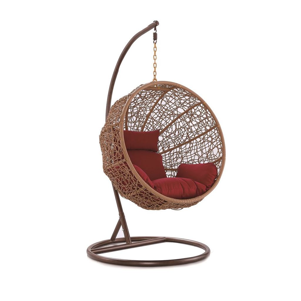 Metal And Rattan Hanging Swing With Red Cushion