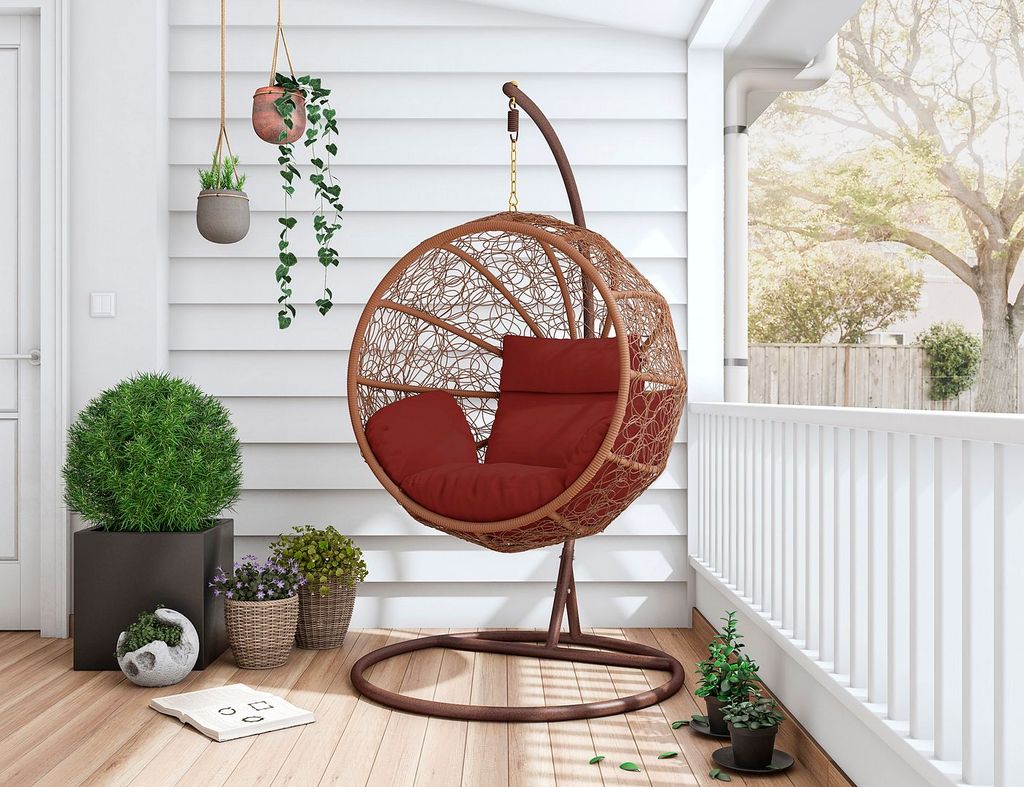 Metal And Rattan Hanging Swing With Red Cushion