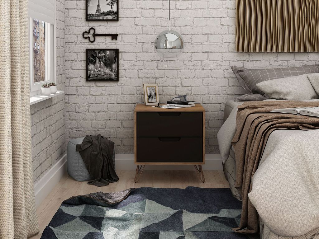 Rockefeller 2.0 Mid-Century- Modern Nightstand With 2-Drawer In Nature And Textured Grey