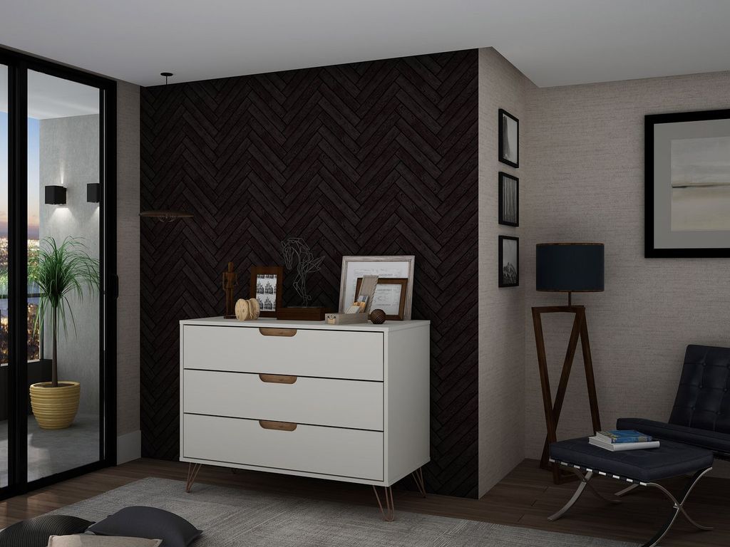 Rockefeller Mid-Century- Modern Dresser With 3-Drawers In Off White And Nature