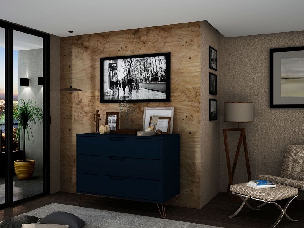 Rockefeller Mid-Century- Modern Dresser With 3-Drawers In Tatiana Midnight Blue