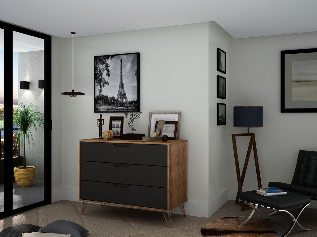 Rockefeller Mid-Century- Modern Dresser With 3-Drawers In Nature And Textured Grey