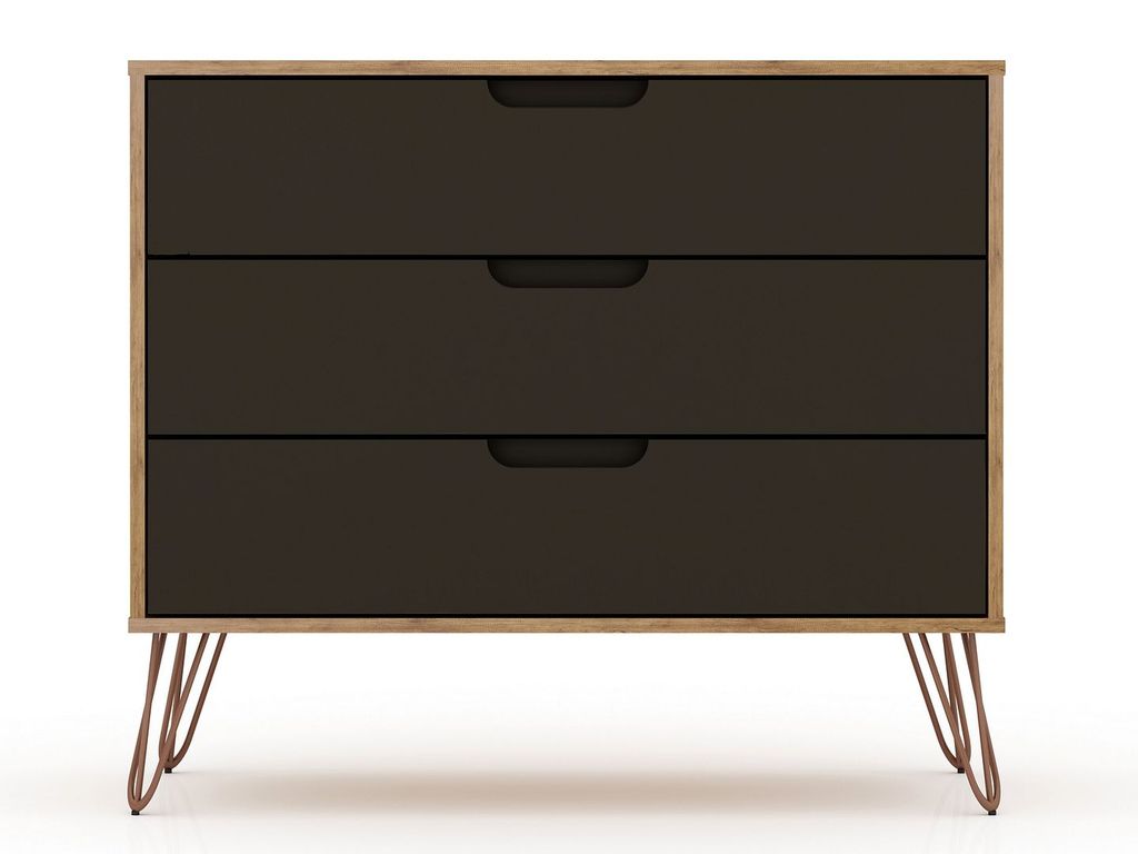 Rockefeller Mid-Century- Modern Dresser With 3-Drawers In Nature And Textured Grey