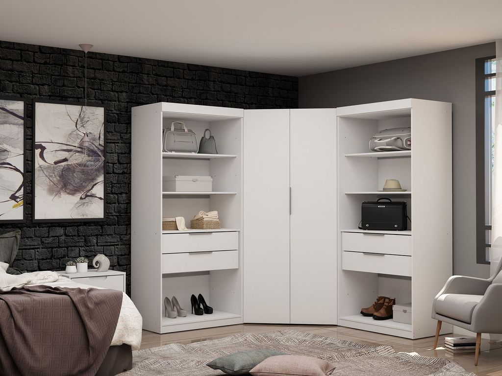 Mulberry 2.0 Semi Open 3 Sectional Modern Wardrobe Corner Closet With 4 Drawers - Set Of 3 In White