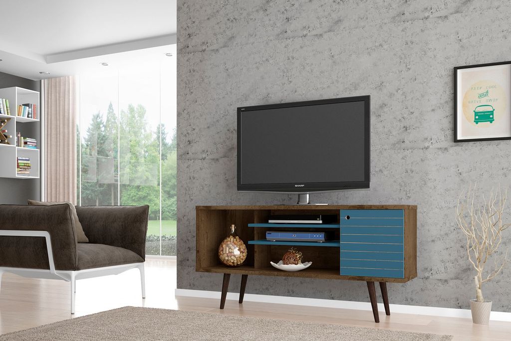 Liberty 53.14" Mid-Century Modern Tv Stand With 5 Shelves And 1 Door In Rustic Brown And Aqua Blue With Solid Wood Legs