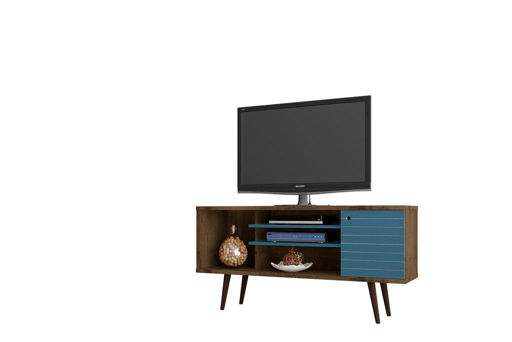 Liberty 53.14" Mid-Century Modern Tv Stand With 5 Shelves And 1 Door In Rustic Brown And Aqua Blue With Solid Wood Legs