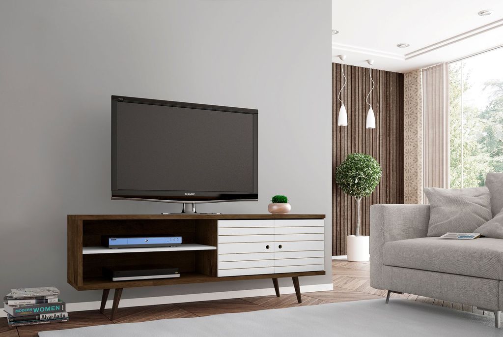 Liberty 62.99" Mid-Century Modern Tv Stand With 3 Shelves And 2 Doors In Rustic Brown And White With Solid Wood Legs