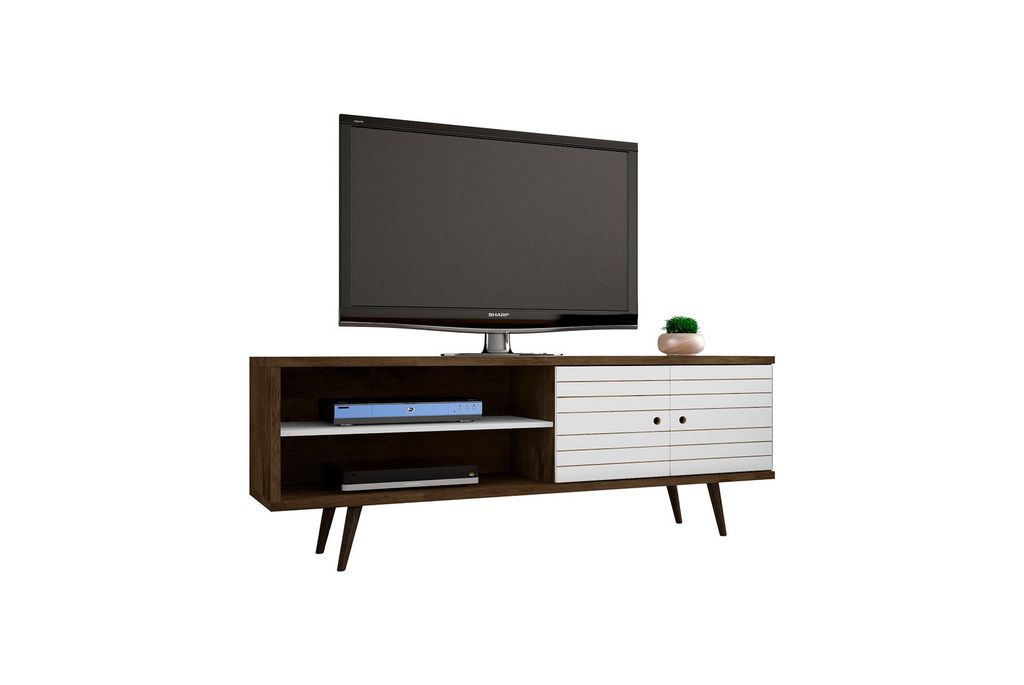 Liberty 62.99" Mid-Century Modern Tv Stand With 3 Shelves And 2 Doors In Rustic Brown And White With Solid Wood Legs