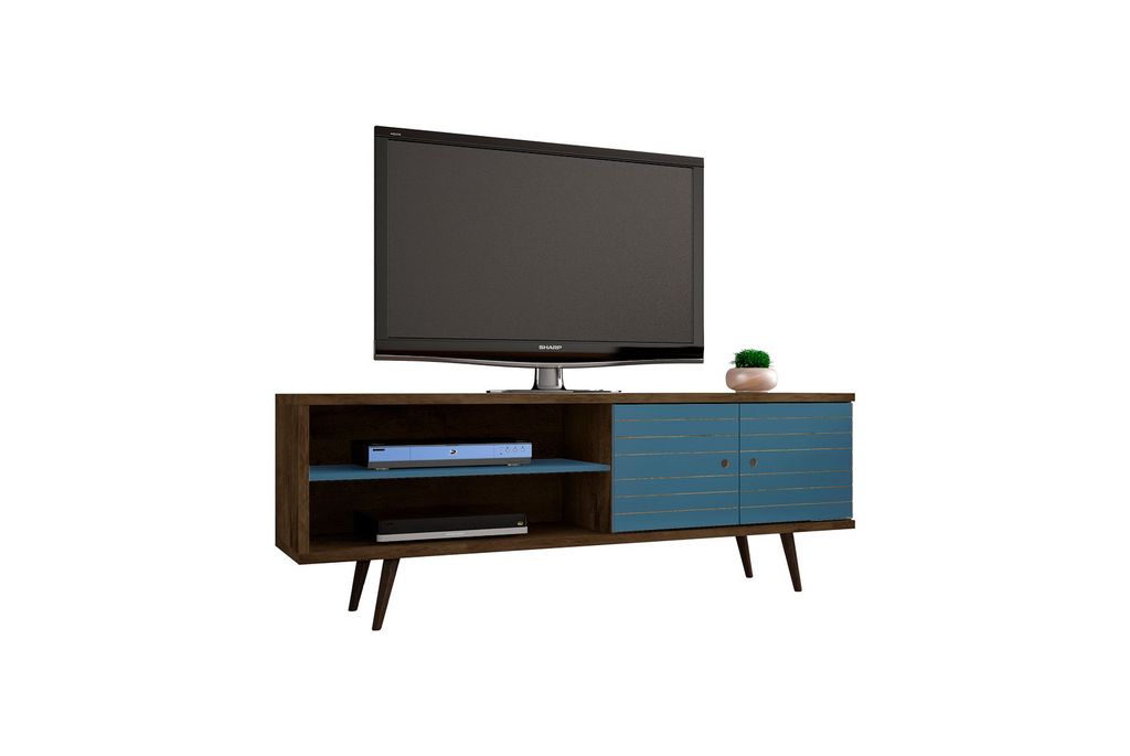 Preview image for Liberty 62.99" Mid-Century Modern Tv Stand With 3 Shelves And 2 Doors In Rustic Brown And Aqua Blue With Solid Wood Legs