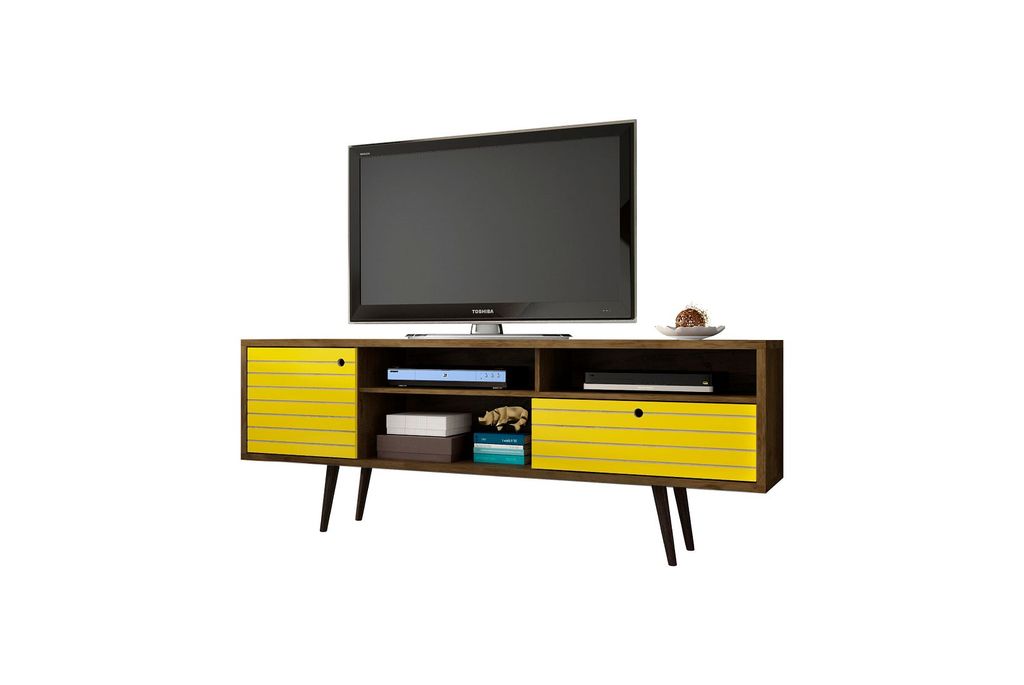 Preview image for Liberty 70.86" Mid-Century Modern Tv Stand With 4 Shelving Spaces And 1 Drawer In Rustic Brown And Yellow With Solid Wood Legs