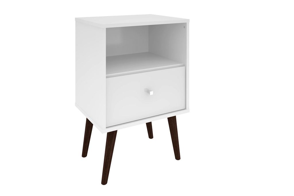 Liberty Mid-Century Modern Nightstand 1.0 With 1 Cubby Space And 1 Drawer In White With Solid Wood Legs