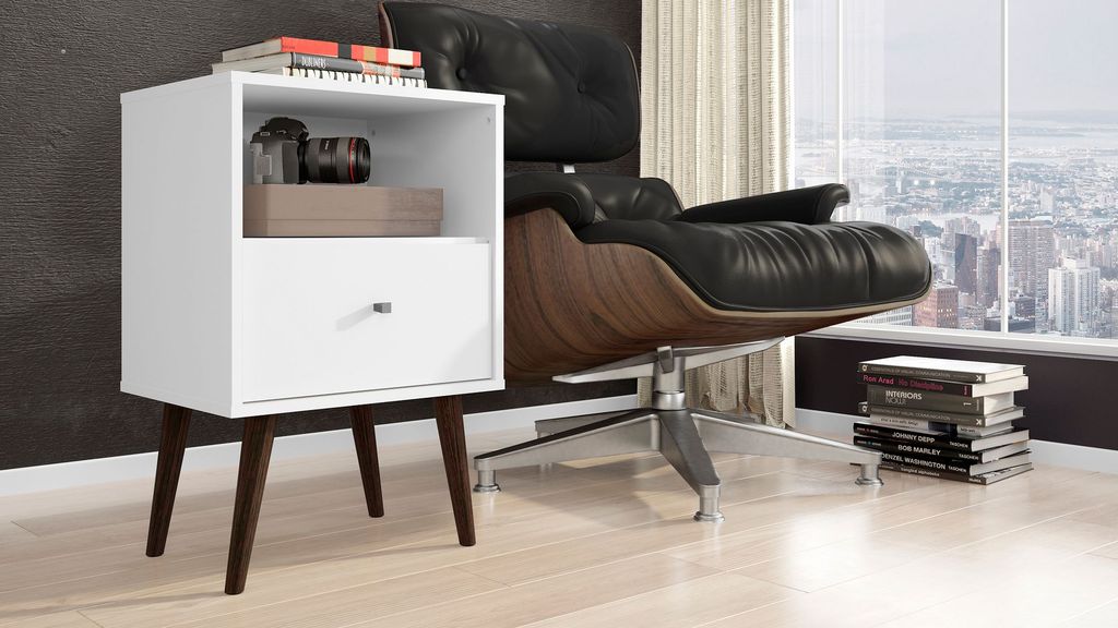Liberty Mid-Century Modern Nightstand 1.0 With 1 Cubby Space And 1 Drawer In White With Solid Wood Legs