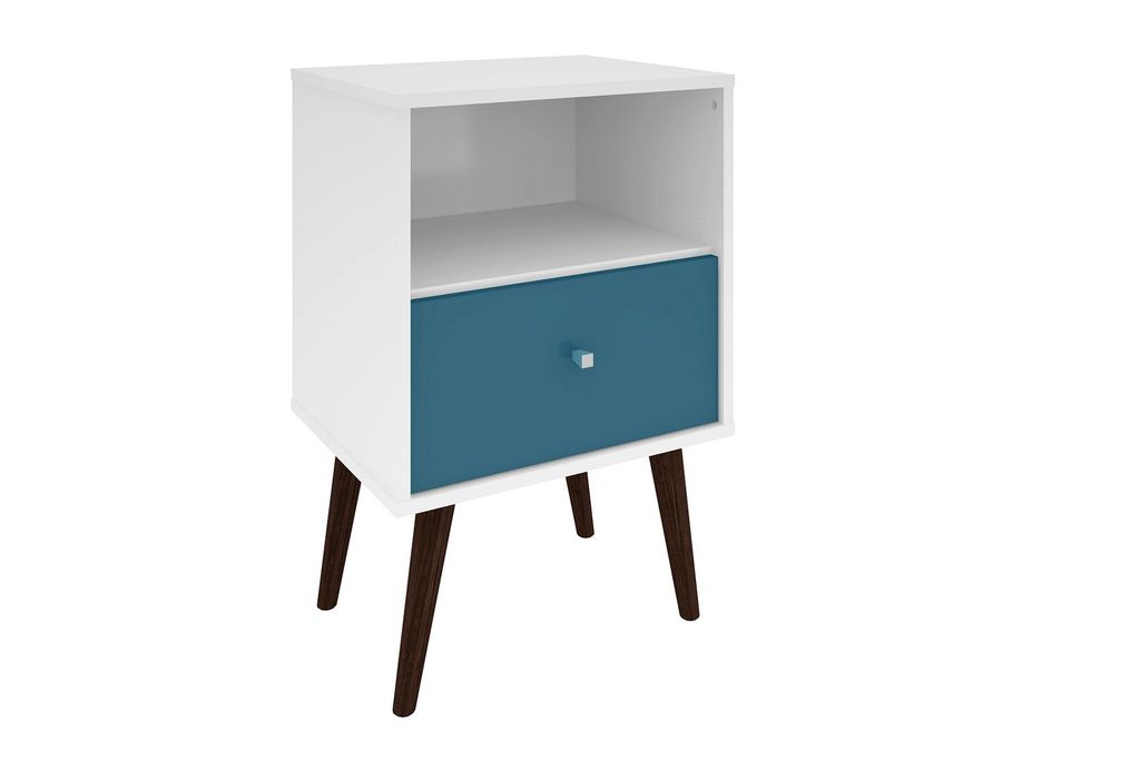 Liberty Mid-Century Modern Nightstand 1.0 With 1 Cubby Space And 1 Drawer In White And Aqua Blue With Solid Wood Legs