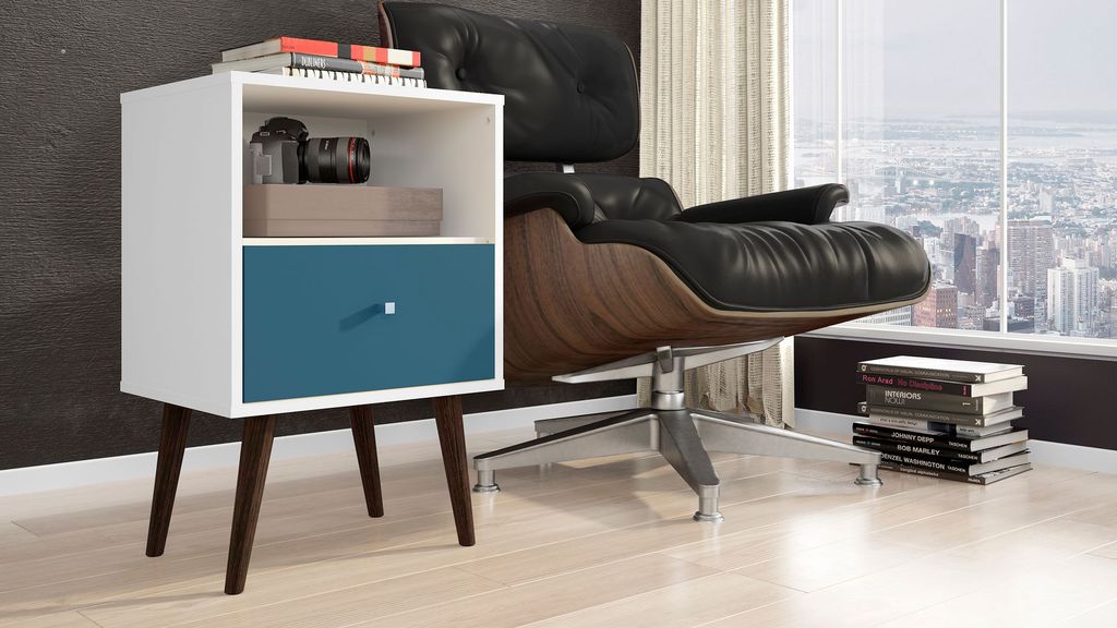 Liberty Mid-Century Modern Nightstand 1.0 With 1 Cubby Space And 1 Drawer In White And Aqua Blue With Solid Wood Legs