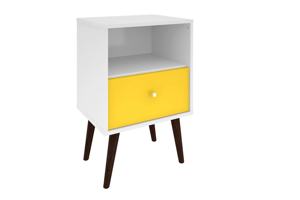Liberty Mid-Century Modern Nightstand 1.0 With 1 Cubby Space And 1 Drawer In White And Yellow With Solid Wood Legs