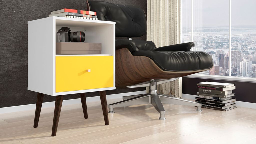Liberty Mid-Century Modern Nightstand 1.0 With 1 Cubby Space And 1 Drawer In White And Yellow With Solid Wood Legs