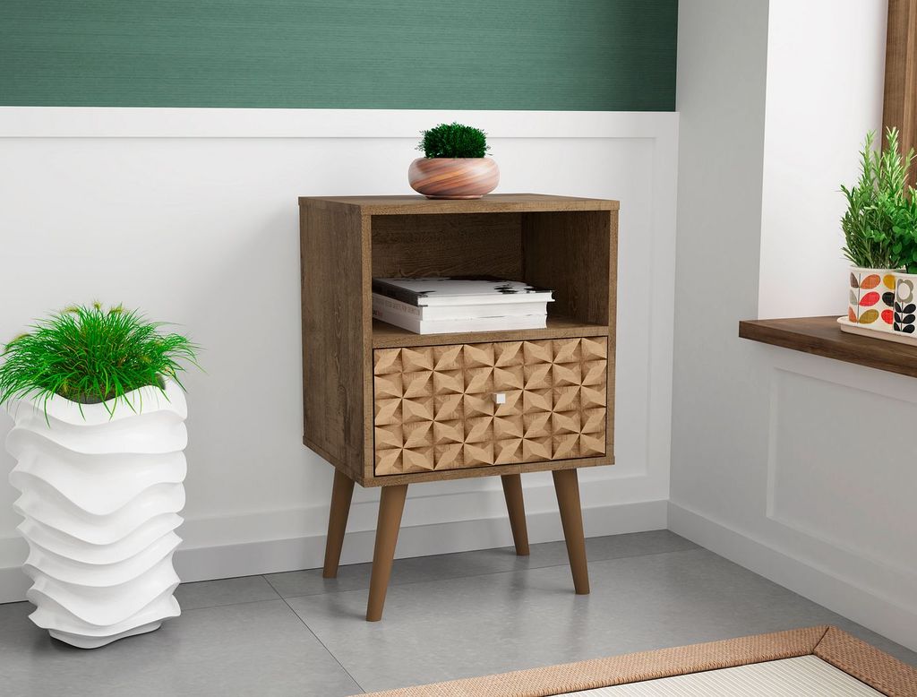Liberty Mid-Century Modern Nightstand 1.0 With 1 Cubby Space And 1 Drawer In Rustic Brown And 3D Brown Prints