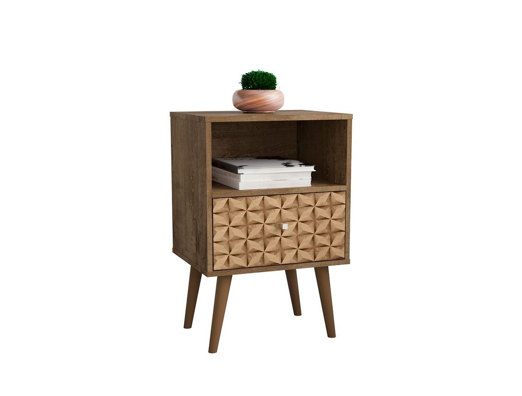 Liberty Mid-Century Modern Nightstand 1.0 With 1 Cubby Space And 1 Drawer In Rustic Brown And 3D Brown Prints