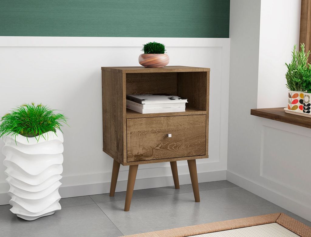 Liberty Mid-Century Modern Nightstand 1.0 With 1 Cubby Space And 1 Drawer In Rustic Brown