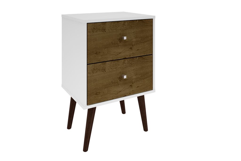 Liberty Mid-Century Modern Nightstand 2.0 With 2 Full Extension Drawers In White And Rustic Brown With Solid Wood Legs