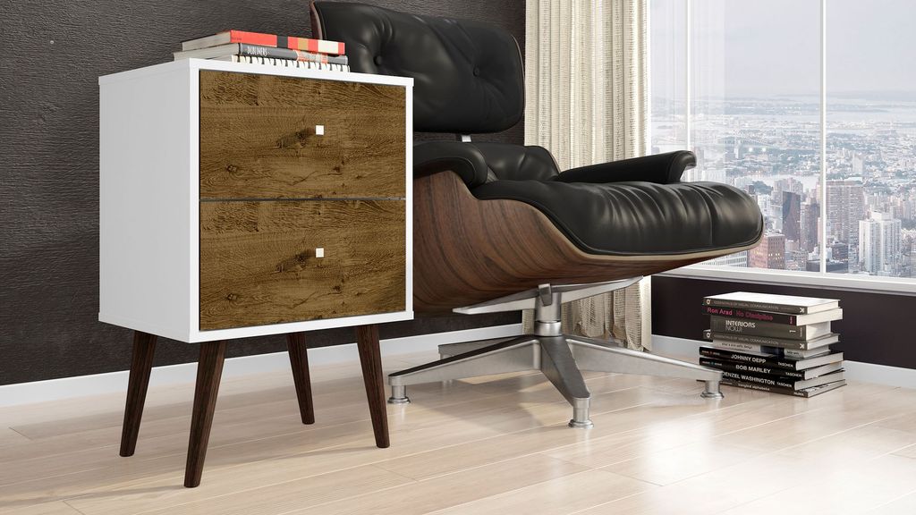 Liberty Mid-Century Modern Nightstand 2.0 With 2 Full Extension Drawers In White And Rustic Brown With Solid Wood Legs