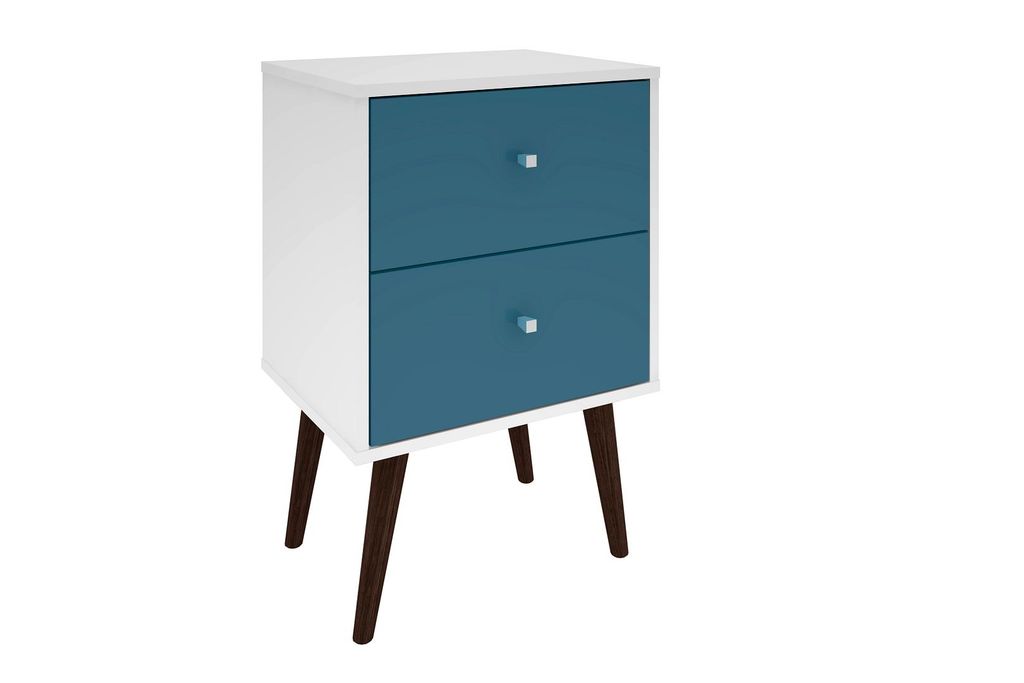 Liberty Mid-Century Modern Nightstand 2.0 With 2 Full Extension Drawers In White And Aqua Blue With Solid Wood Legs