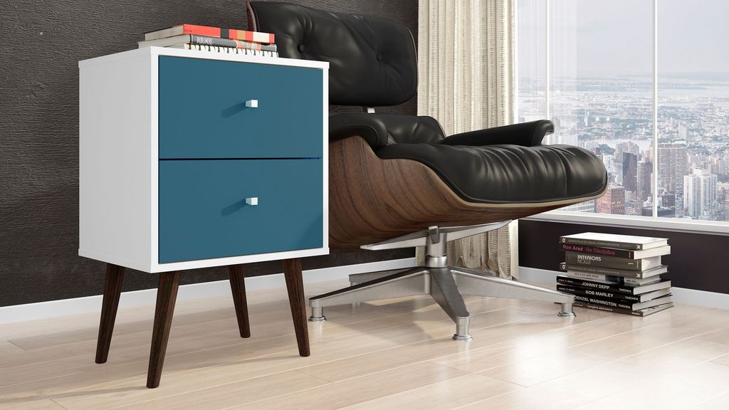 Liberty Mid-Century Modern Nightstand 2.0 With 2 Full Extension Drawers In White And Aqua Blue With Solid Wood Legs
