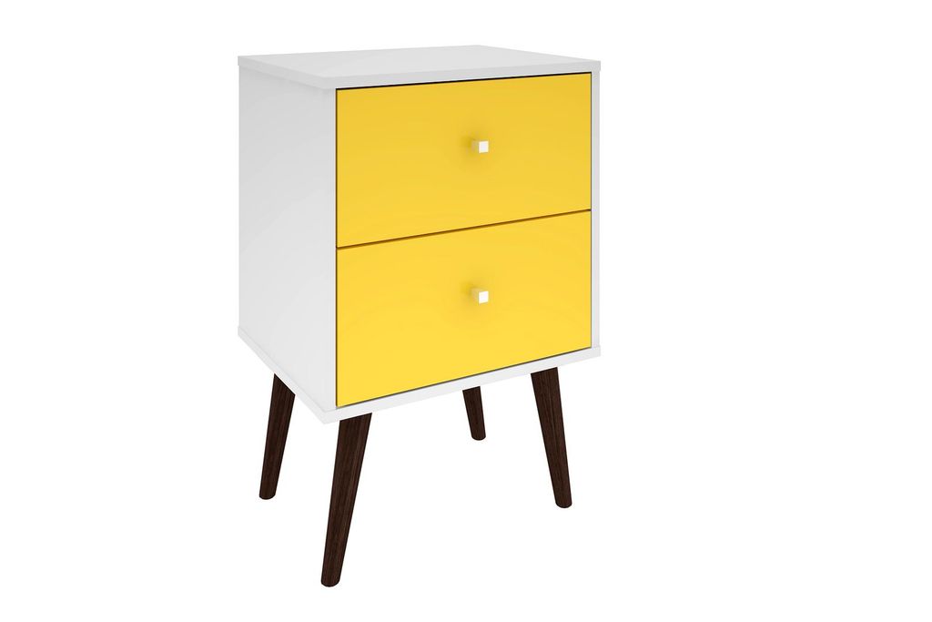 Liberty Mid-Century Modern Nightstand 2.0 With 2 Full Extension Drawers In White And Yellow With Solid Wood Legs