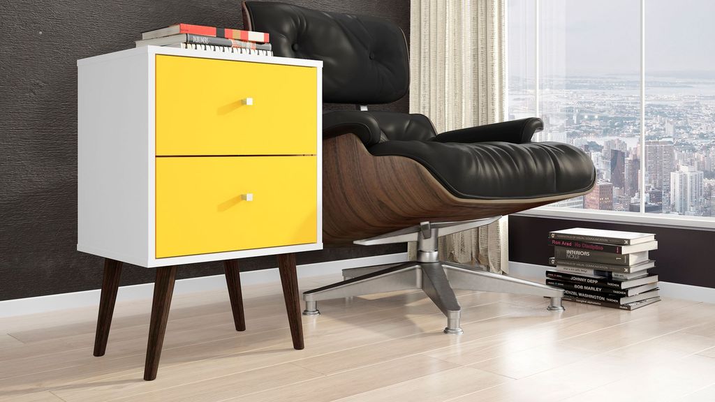 Liberty Mid-Century Modern Nightstand 2.0 With 2 Full Extension Drawers In White And Yellow With Solid Wood Legs