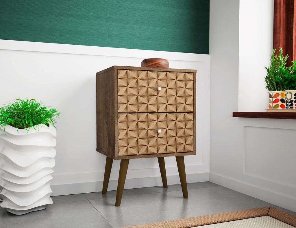 Liberty Mid-Century Modern Nightstand 2.0 With 2 Full Extension Drawers In Rustic Brown And 3D Brown Prints
