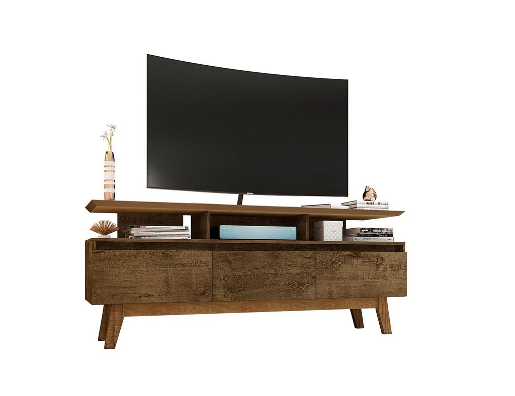 Yonkers 62.99 Tv Stand With Solid Wood Legs And 6 Media And Storage Compartments In Rustic Brown