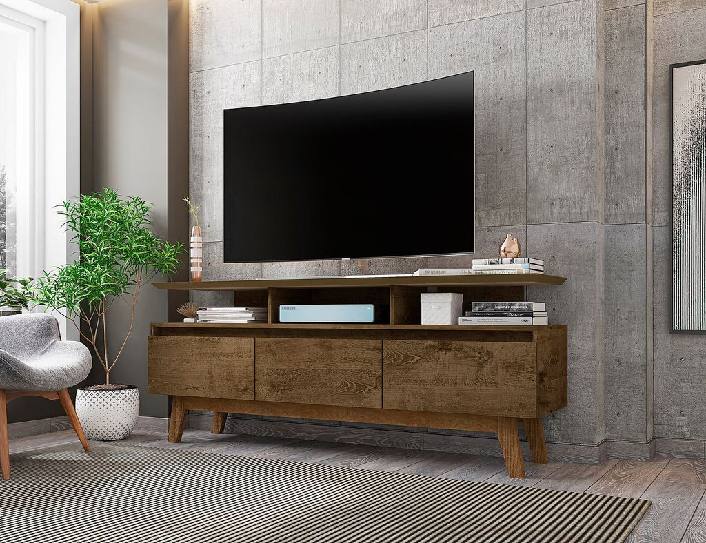 Yonkers 62.99 Tv Stand With Solid Wood Legs And 6 Media And Storage Compartments In Rustic Brown