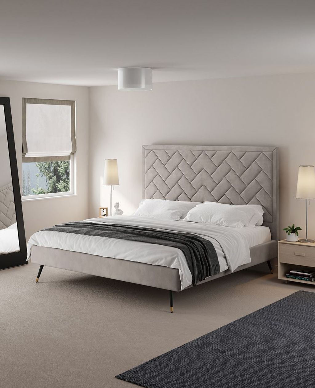 Crosby Modern King-Size Upholstered Velvet Bedframe And Headboard In Greige