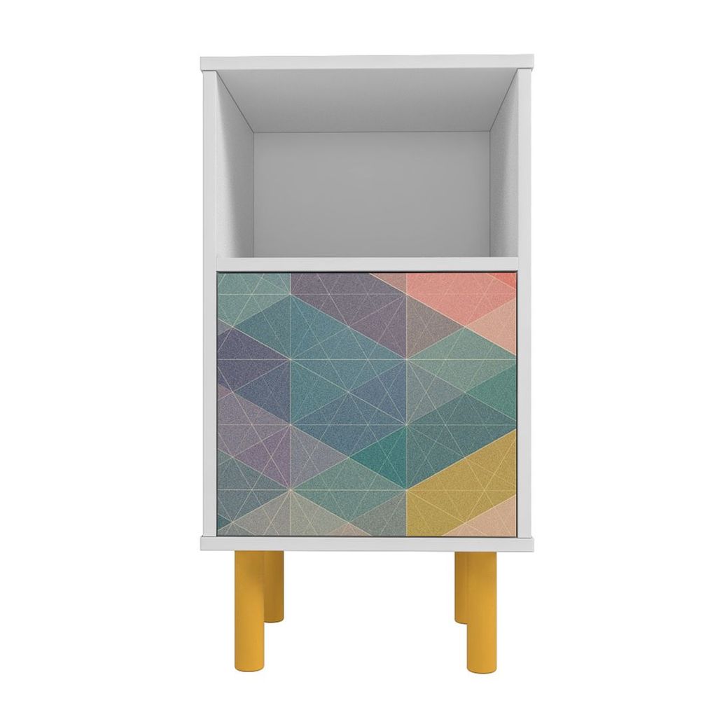 Preview image for Mid-Century Modern Retro Nightstand With 2 Shelves In White And Multi Color Red, Yellow, Blue Print