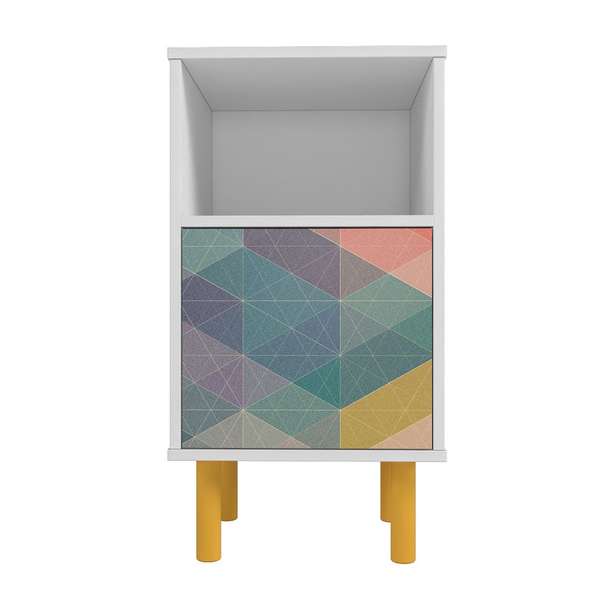 Mid-Century Modern Retro Nightstand With 2 Shelves In White And Multi Color Red, Yellow, Blue Print
