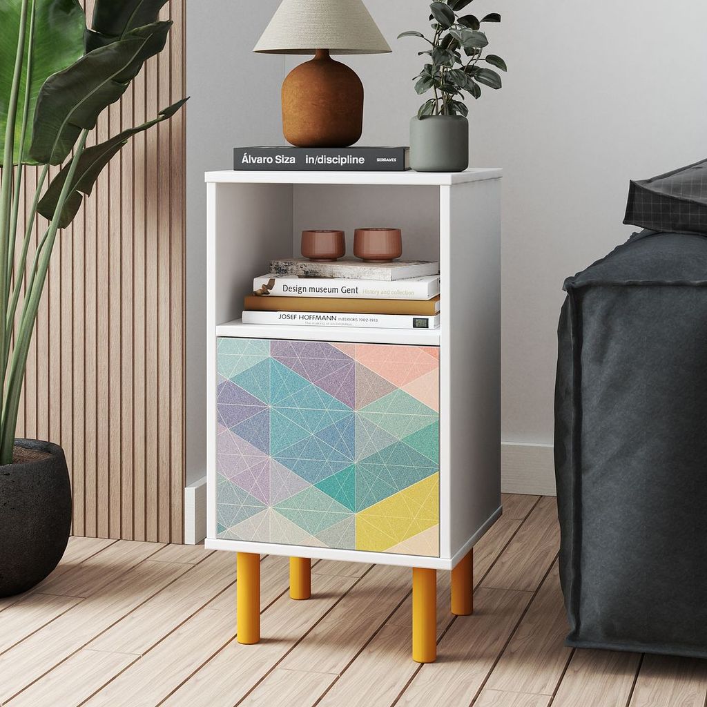 Mid-Century Modern Retro Nightstand With 2 Shelves In White And Multi Color Red, Yellow, Blue Print