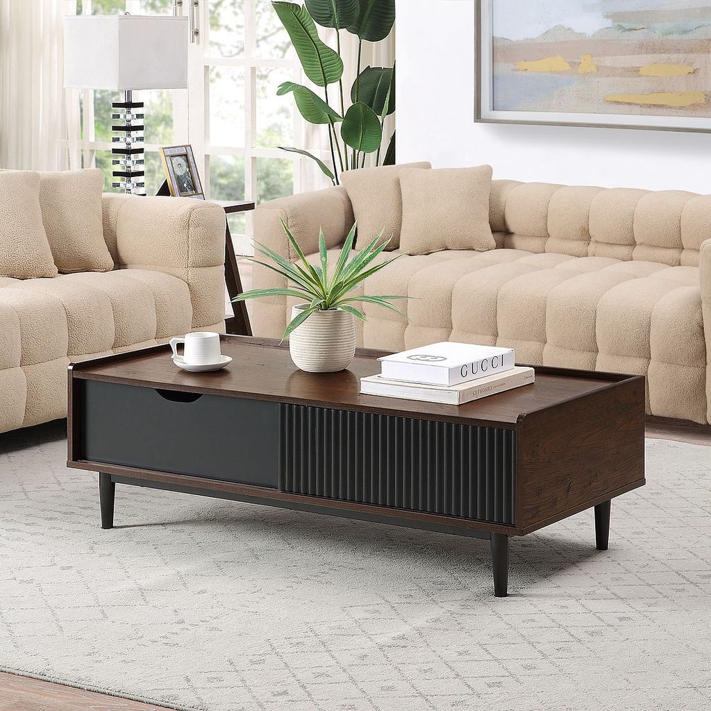 Duane Modern Ribbed Coffee Table With Drawer And Shelf In Dark Brown And Black