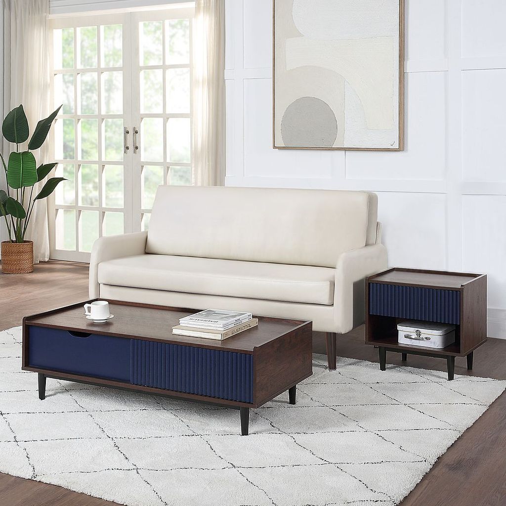 Duane Modern Ribbed End Table And Coffee Table In Dark Brown And Navy Blue