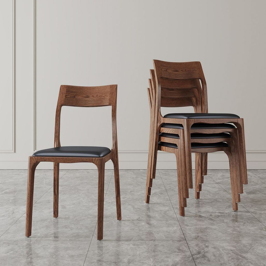 Modern Stackable Dining Chair Upholstered In Leatherette With Solid Wood Frame In Walnut And Black- Set Of 4