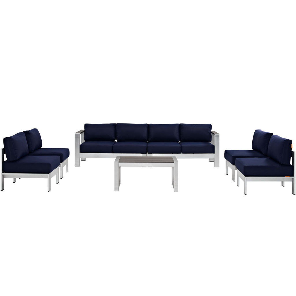 Shore 7 Piece Outdoor Patio Sectional Sofa Set In Silver Navy