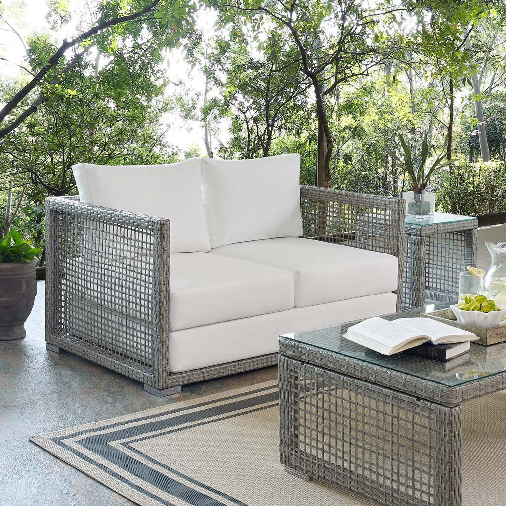 Aura Outdoor Patio Wicker Rattan Loveseat, Gray White