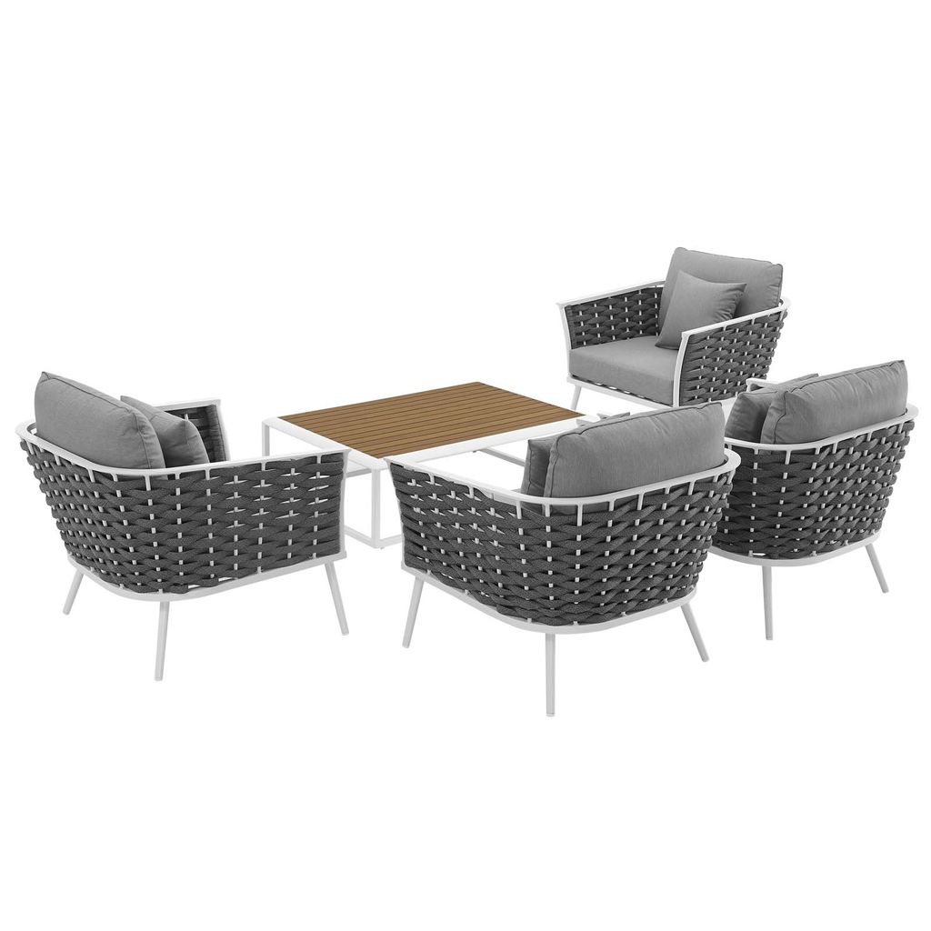 Stance 5 Piece Outdoor Patio Aluminum Sectional Sofa Set In White Gray, 64.5" X 129" X 32"