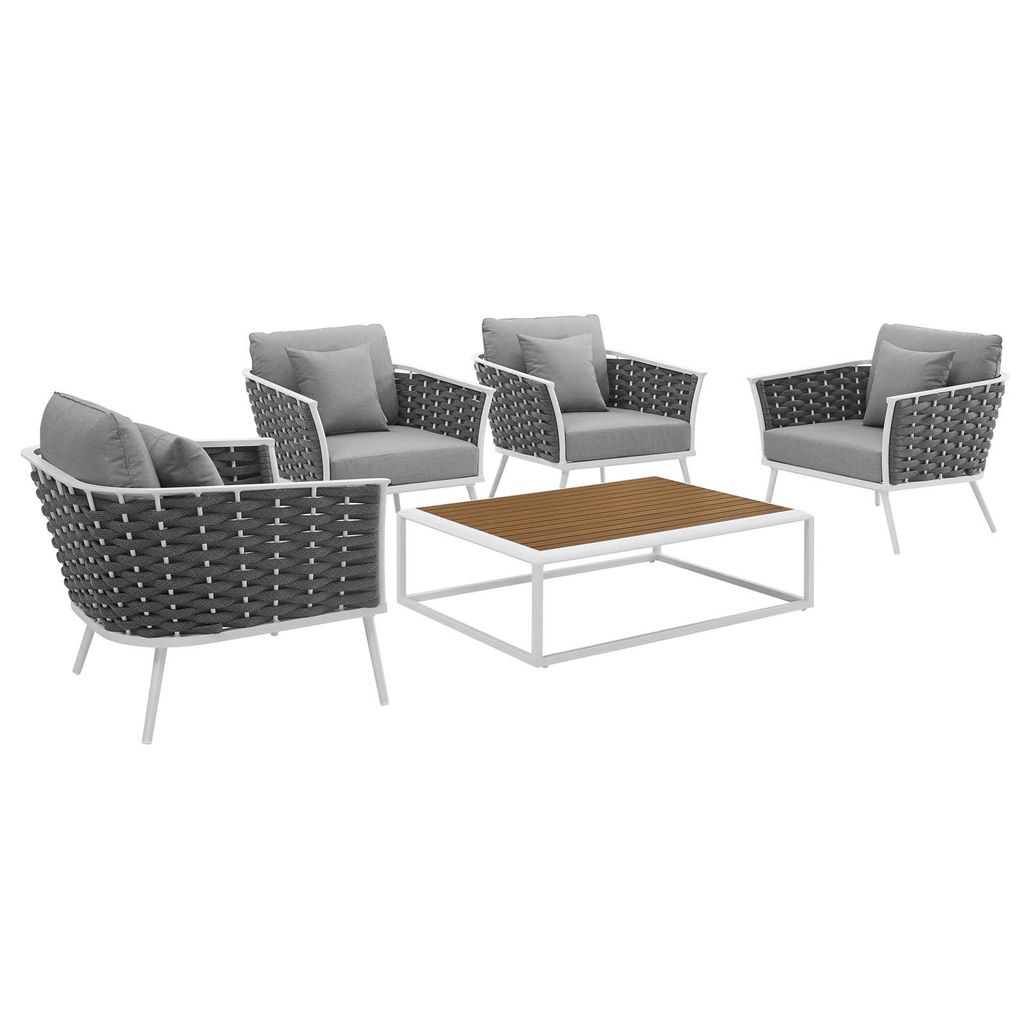 Stance 5 Piece Outdoor Patio Aluminum Sectional Sofa Set In White Gray, 64.5" X 129" X 32"