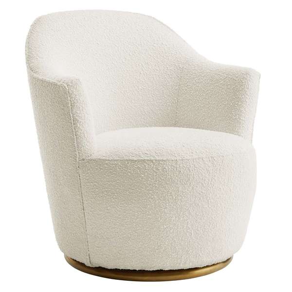 Boucle Upholstered Swivel Chair In White