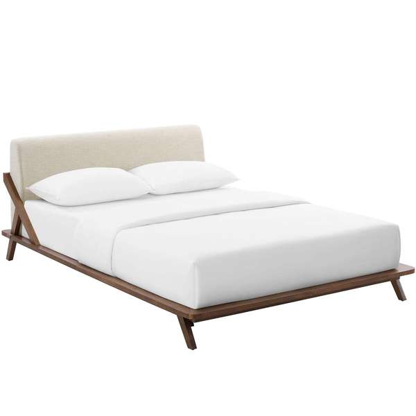 Luella Queen Upholstered Fabric Platform Bed In Walnut Beige
