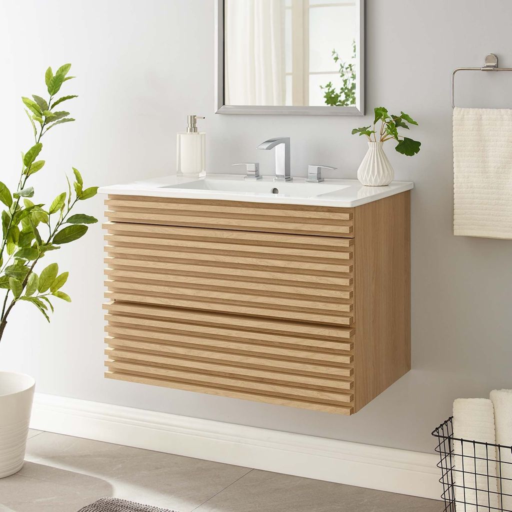 Render 30" Wall-Mount Bathroom Vanity, Oak White