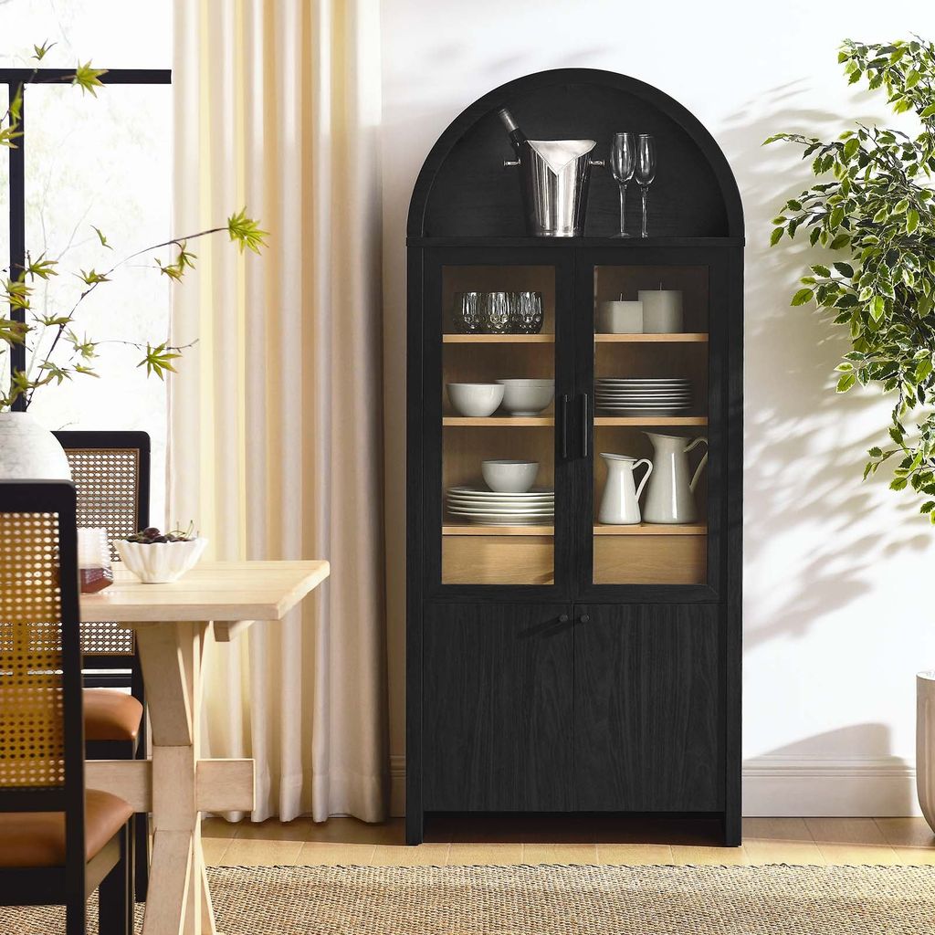 Evie Arched Tall Display Cabinet, Black Oak